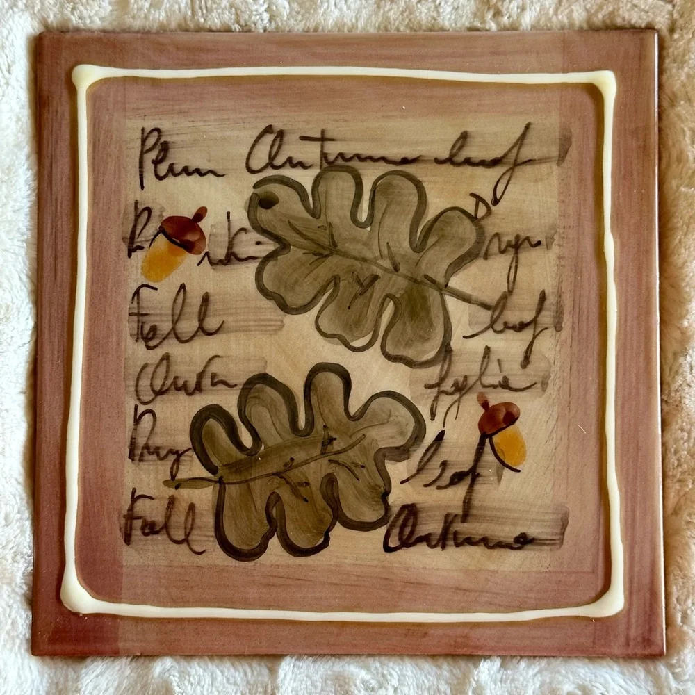 Crate & Barrel Tile Trivet Leaves Made in Italy Hand Painted 8”x 8” Tile Only